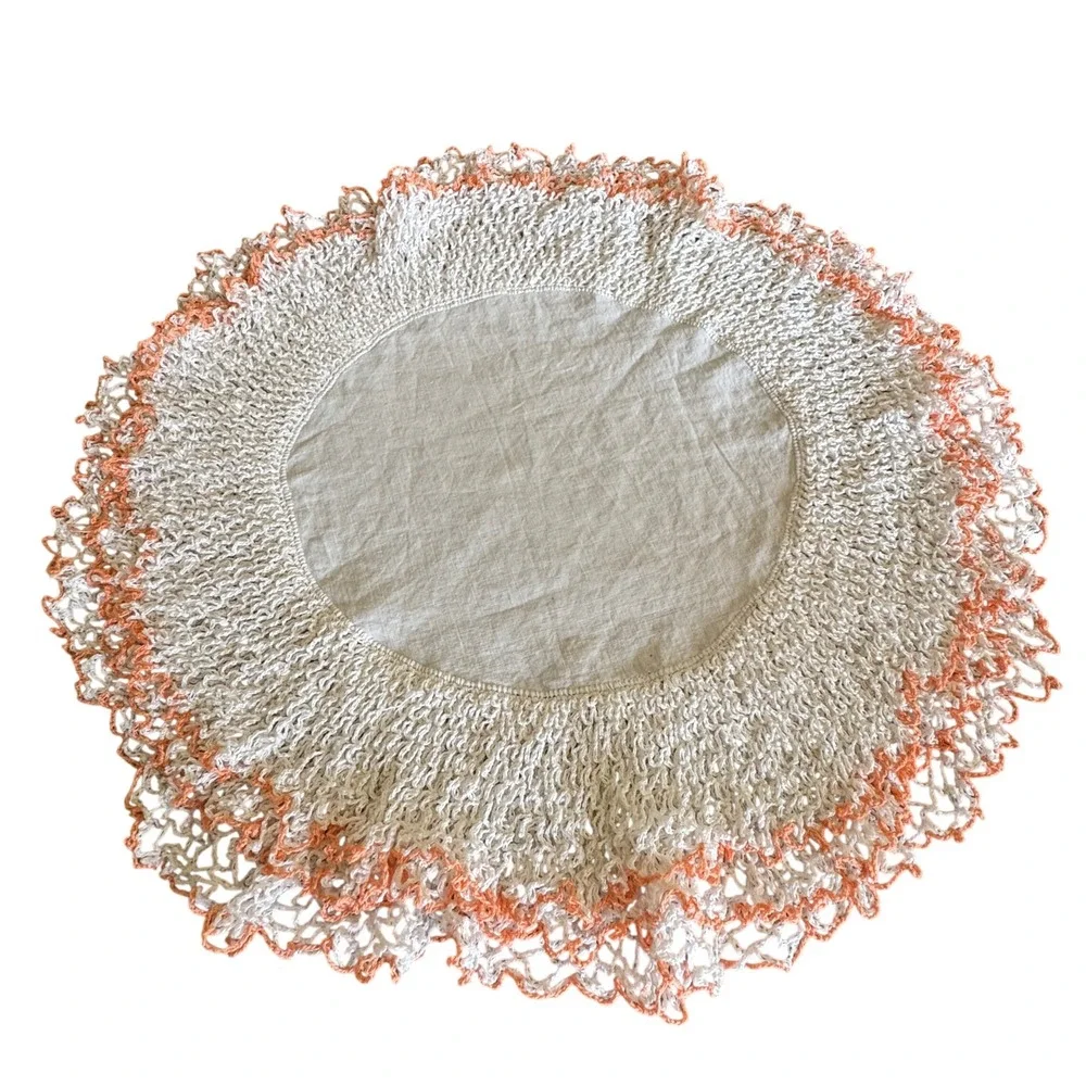 VNTG Cottagecore Shabby Chic Round Doily Peach White Crochet Layered Edge Trim